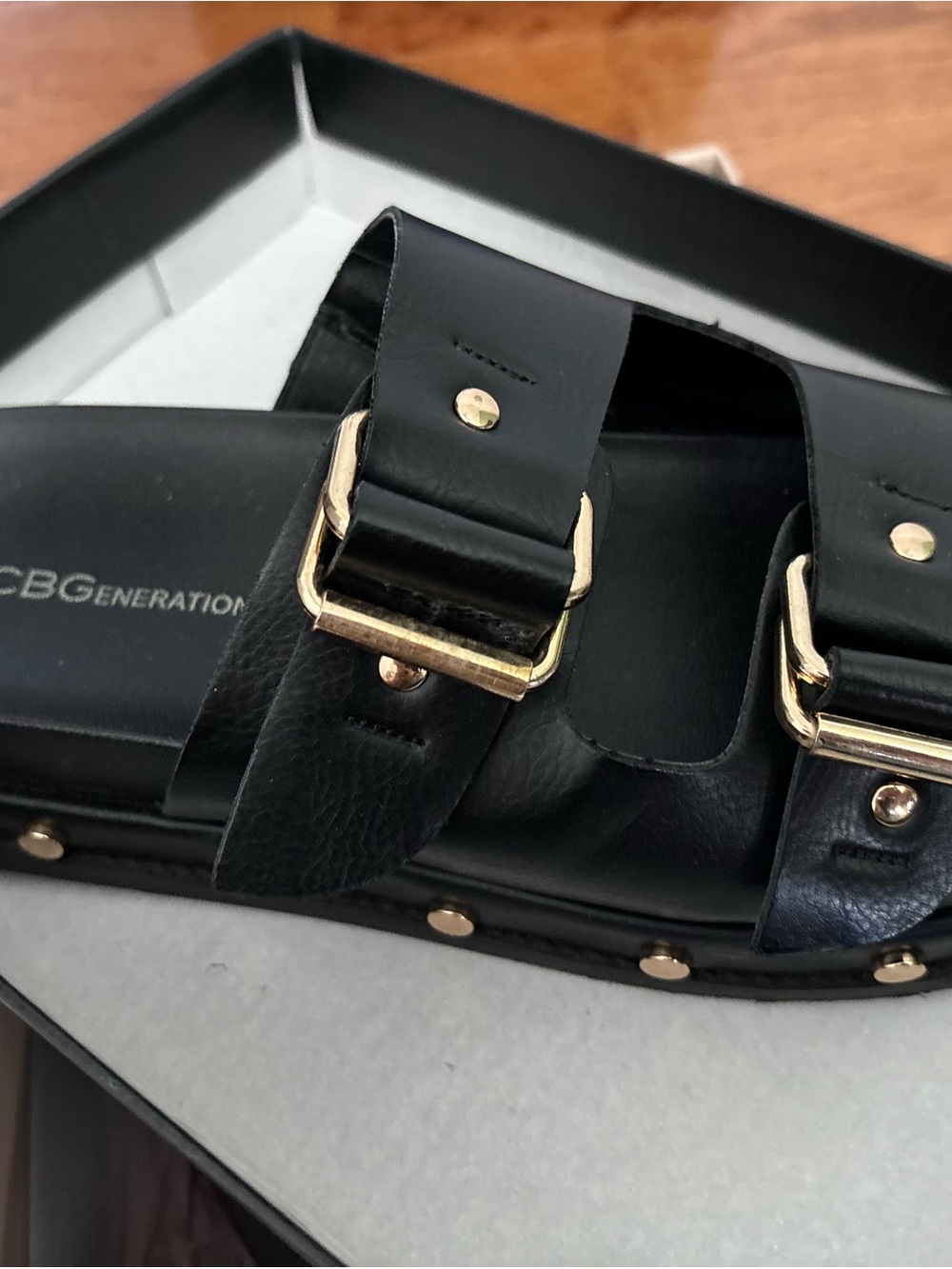 BCBGeneration Black Leather Double-Band Sandals with Gold Buckles
